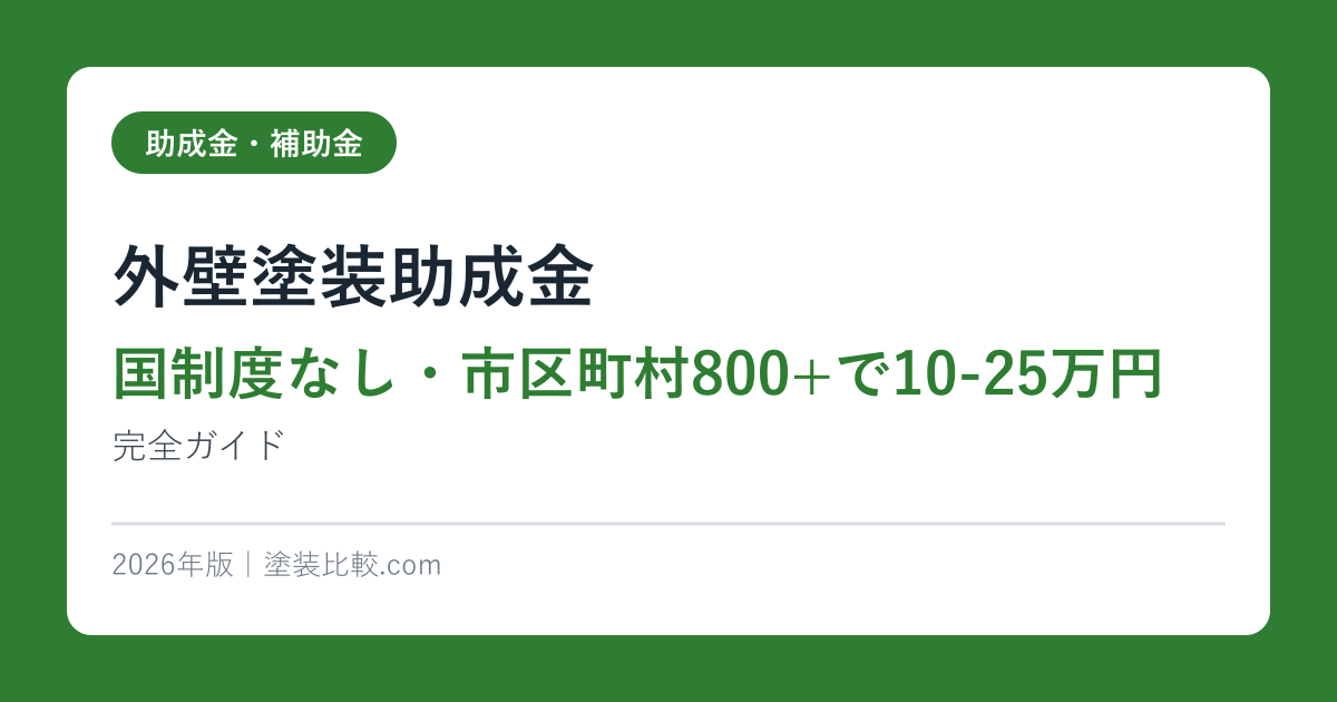 外壁塗装助成金2026年版【国制度なし・市区町村800+で10-25万円】完全ガイド